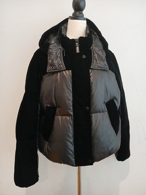 Andrew Marc Velvet Panel Vega Puffer Short Jacket Coat Black L Hooded **Tear**