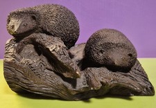 Cold Cast Bronze Figurine two hedgehogs on log Ornament  15cm x 12cm. 250g 