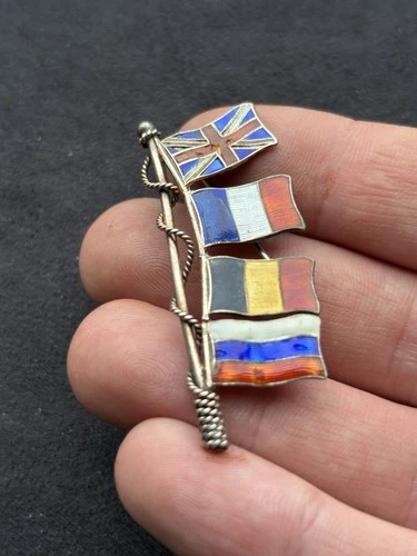 Antique Silver World War 2 Allies Enamel Flag Brooch Badge WW2 Military Vintage