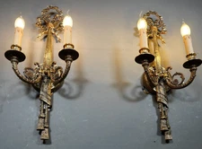 Rare Gilded Brass Louis XVI Huge 24" Ribbon Ornate Pair of Appliques Sconces 50s