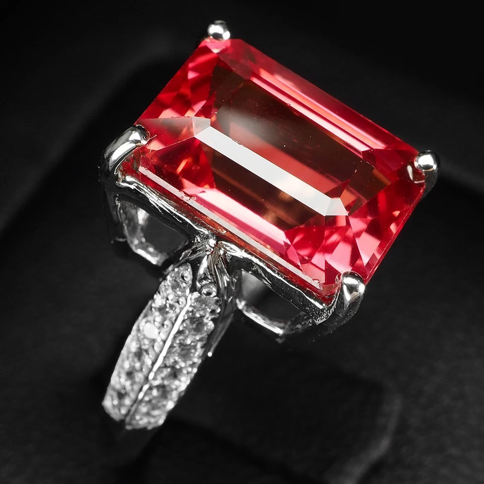 Anelli fatti a mano in argento sterling 925 elegante baguette zaffiro rosa... - Immagine 3 di 4