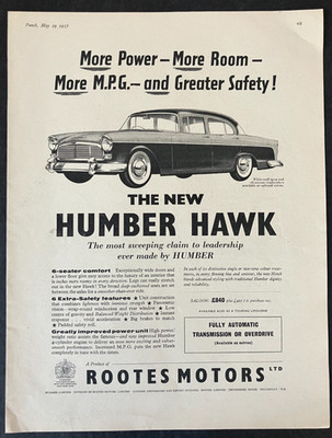 1957 New Humber Hawk Rootes Motors Ltd Car Limousine B&W Vintage Print Ad