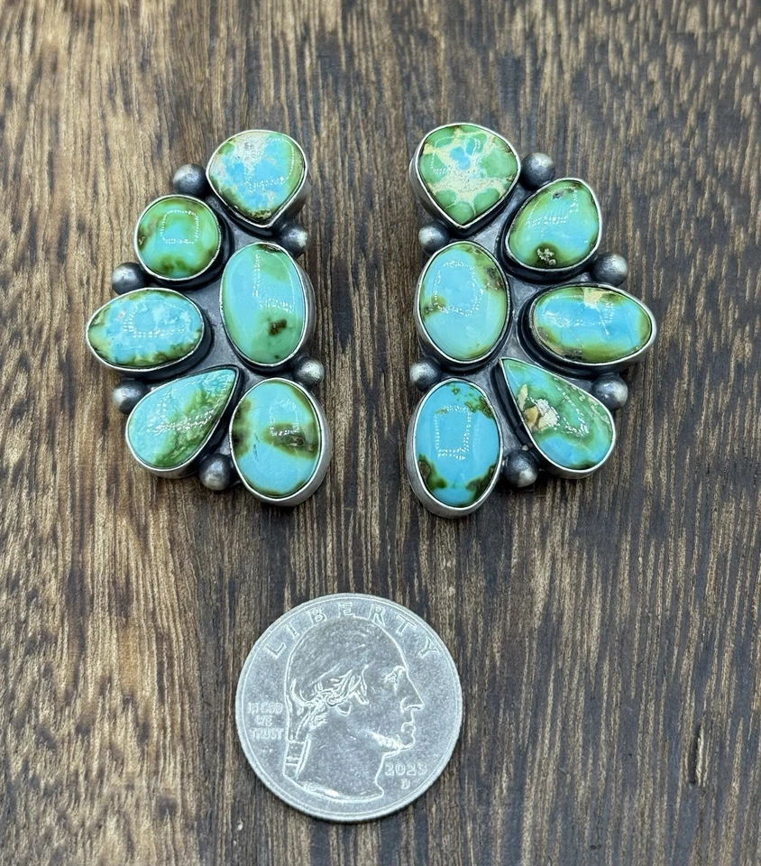 Pendientes Navajo Hechos a Mano Plata de Ley Oro Sonora Turquesa Medio Racimo Foto 2 de 3
