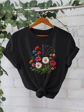 Women Floral Print T-shirt Round Neck Short Sleeve Casual T-Shirt Soft Tops ♪