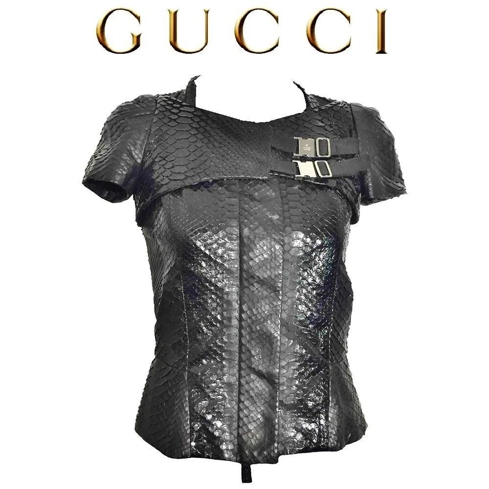 GUCCI ~ RARA pelle di serpente vera PYTHON 2 in 1 top giacca nera taglia: S * AUTENTICA
