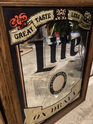 Vintage “MILLER LITE COLD BEER” Large Wood Frame Mirror Bar Pub Sign