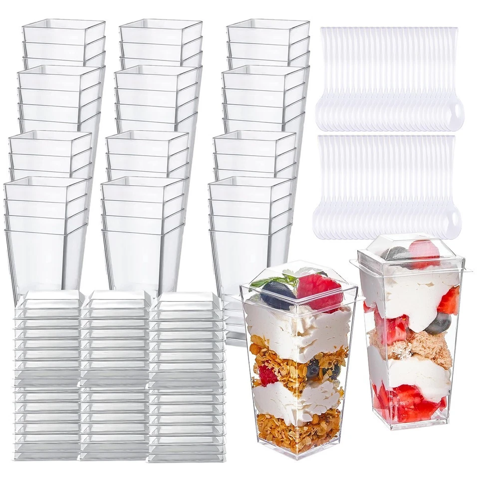 Paquete de 50 tazas de postre de plástico transparente con tapas y cucharas, cuadradas reutilizables Foto 3 de 4