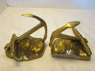 Vintage Spelter PM Craftsman Bookends  Anchor gold tone Nautical USA 1940s