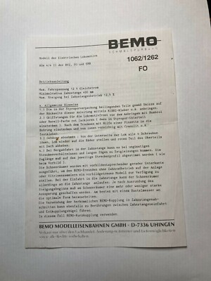 Bemo Instruction Leaflet for 1062/1262 FO Furka Oberalp Class HGe 4/4 II