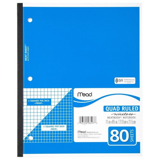 80 Sheets Mead Wireless Neatbook 4 Quadrille Graph Paper 11 In. X 8.5