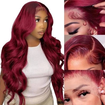 99J Burgundy Body Wave Wig Human Hair Wine Red Colored 13×4 Curly Lace Front Wig