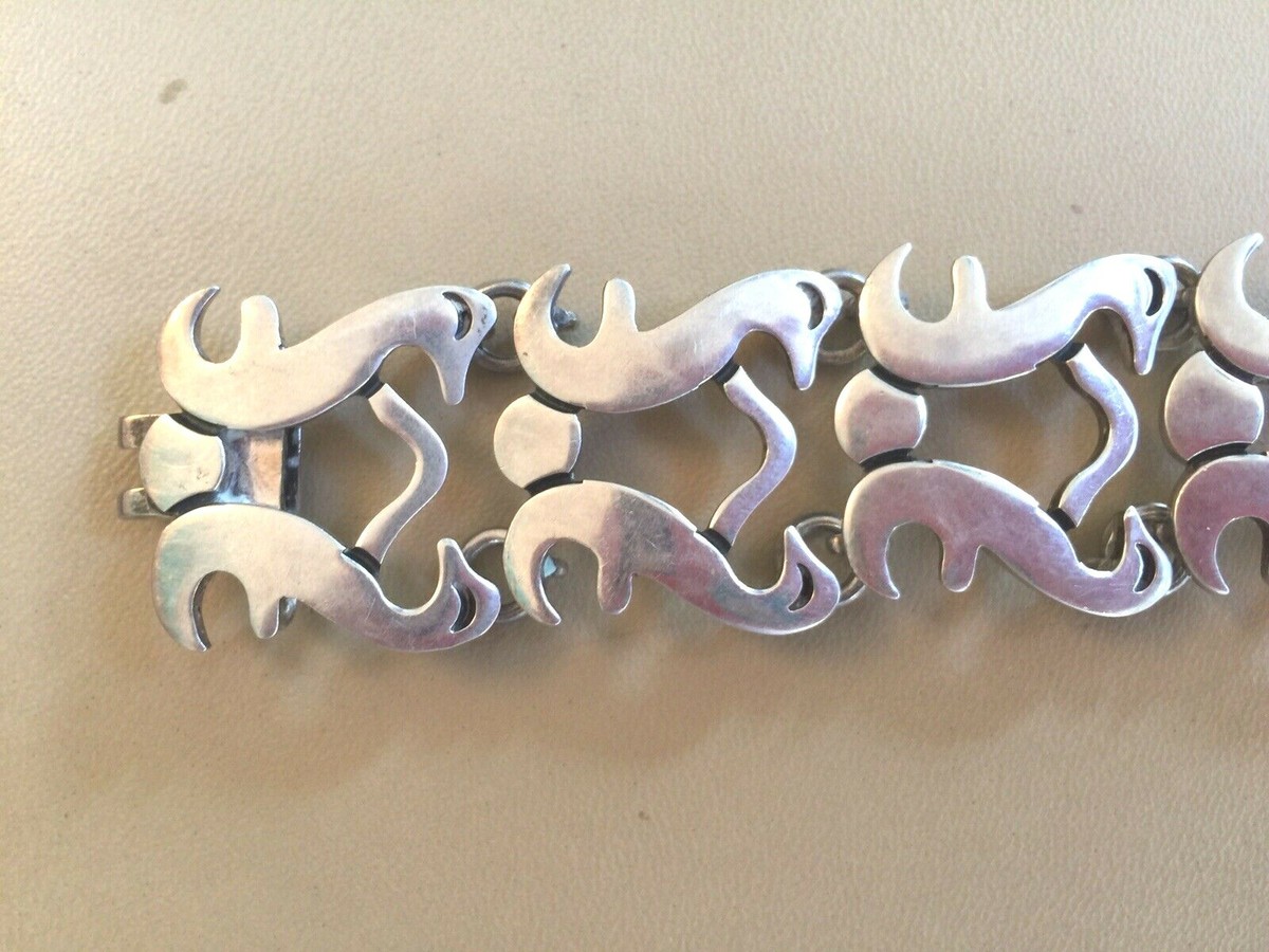 Vintage Signed Taxco Mexican  wide Sterling Silver Bracelet 52g View 2