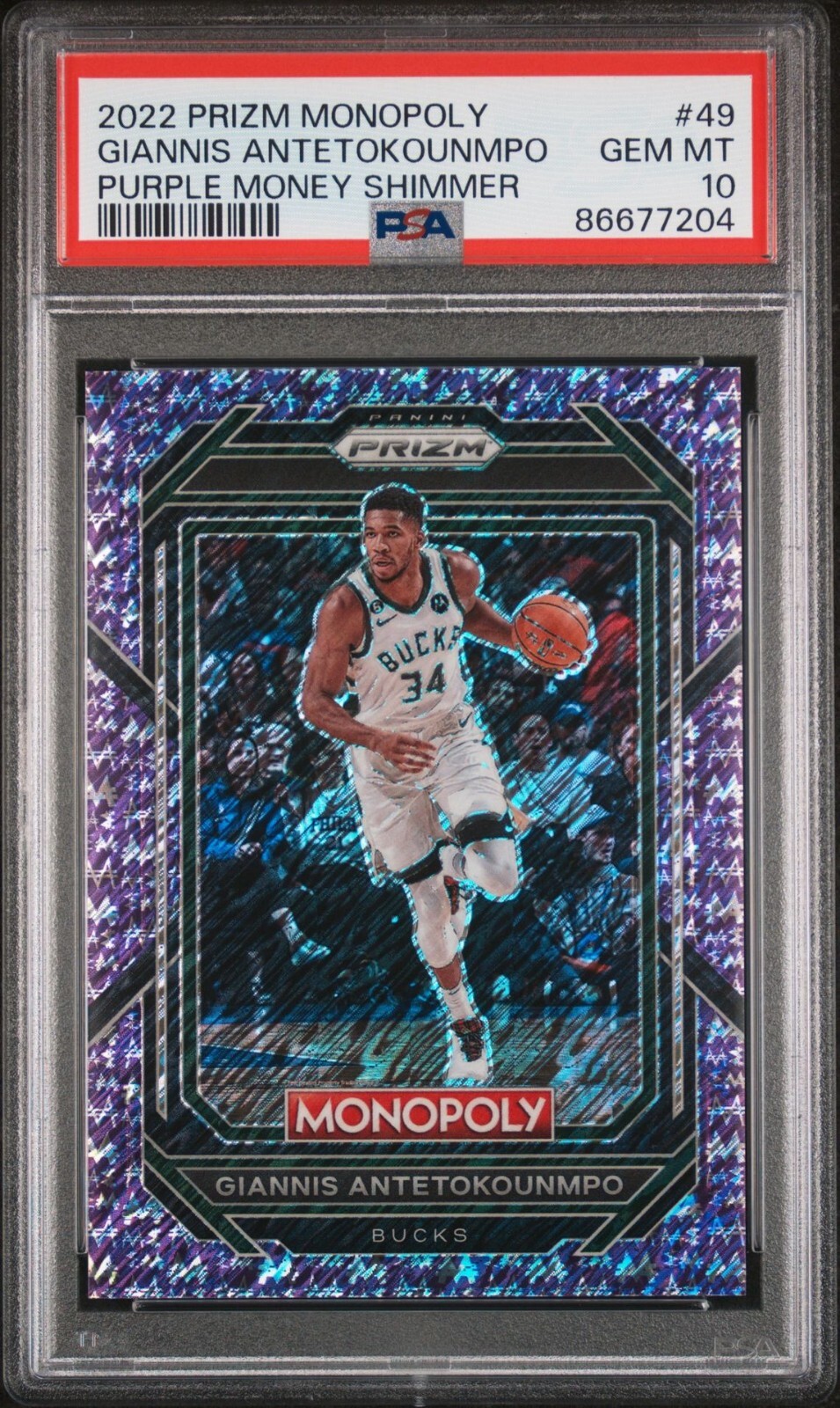 2022 Prizm Monopoly #49 Giannis Antetokounmpo Purple Money Shimmer #/50 PSA 10