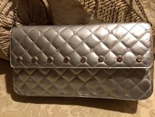 St John Knits Quilted Leather Designer Handbag Silver W/silver Tone Details