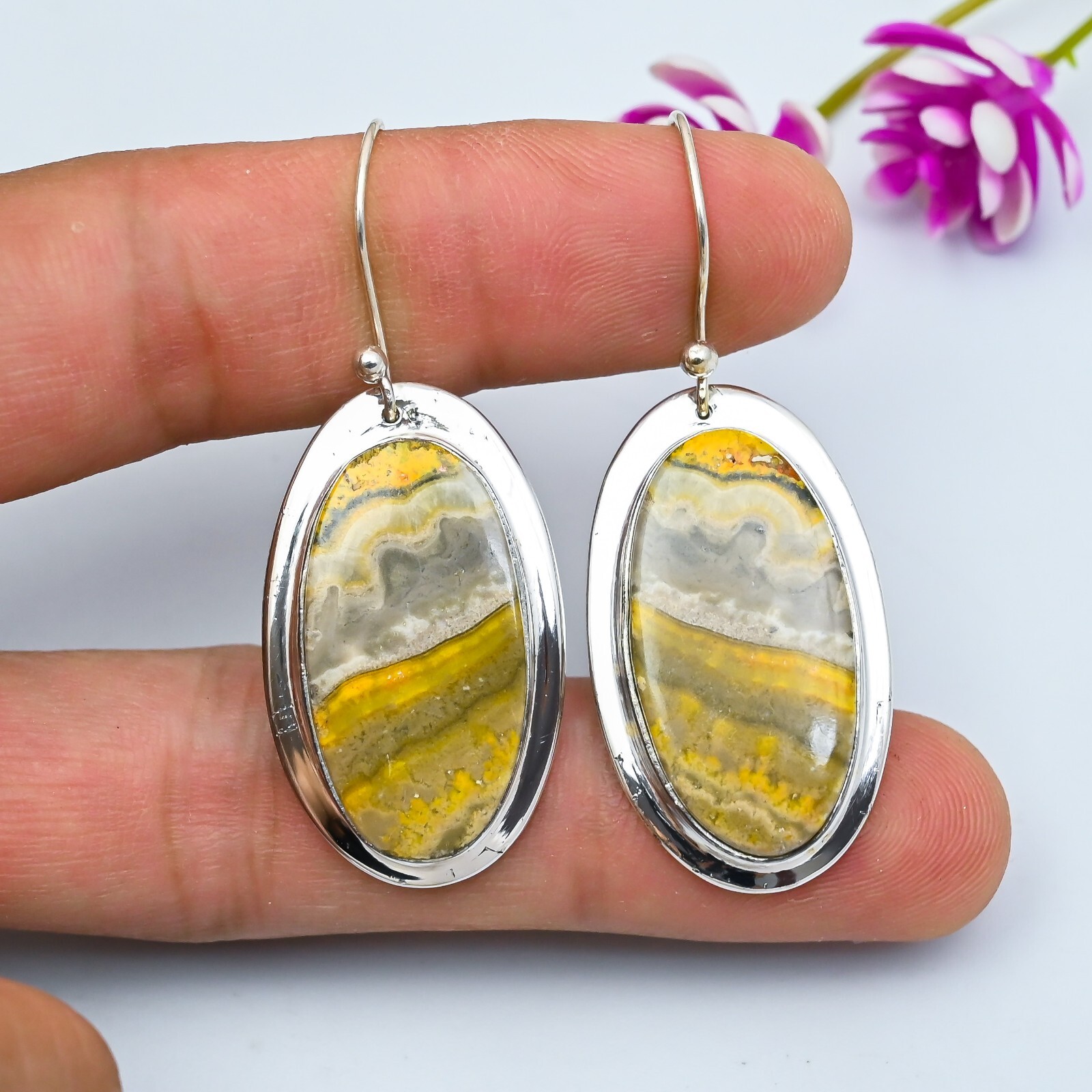 Bumblebee Jasper Gemstone Handmade 925 Sterling Silver Jewelry Dangle Earrings