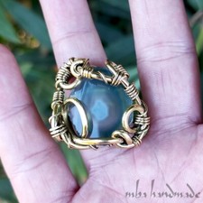 Blue Agate Crystal Size 10 Unique Ring Brass Wire Wrapped Artisan Jewelry