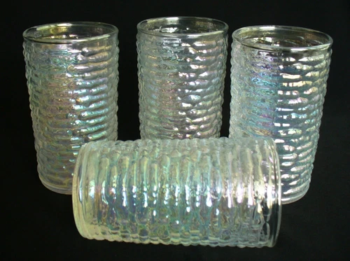 4~Vintage~AURORA~1968~ANCHOR HOCKING~Soreno~IRIDESCENT~Juice Glass~TUMBLERS~EC