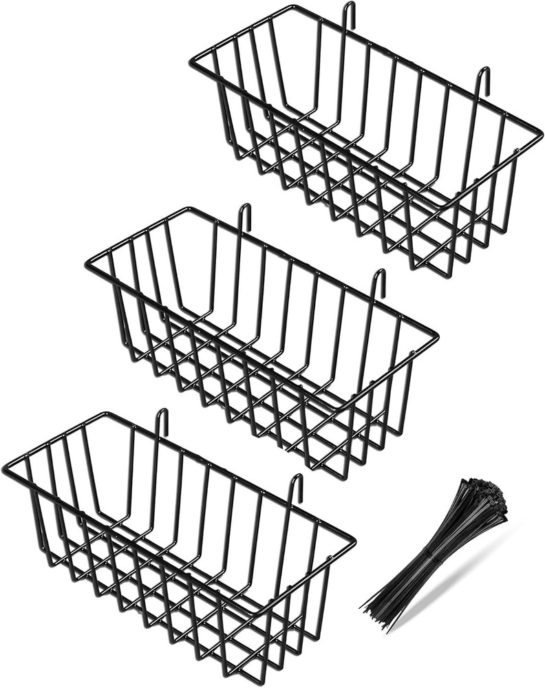 3-Pack Black Metal Hanging Wall Basket for Grid Panel Storage