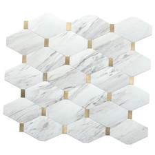-Sheet White Marble Long Octagon Peel and Stick 10 White Marble Metal Gold