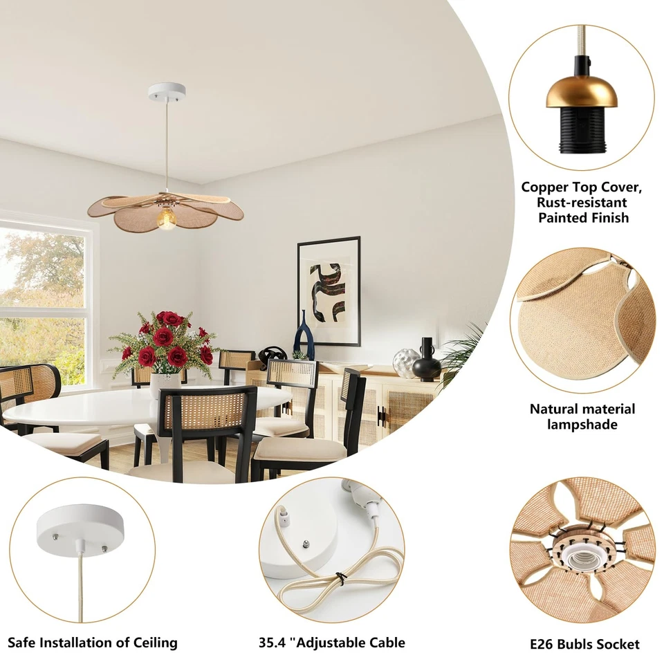 Lámpara Colgante Boho, Pantalla Tejida a Mano Flor 24 Pulgadas 5”-34.5” Ajustable... Foto 4 de 4