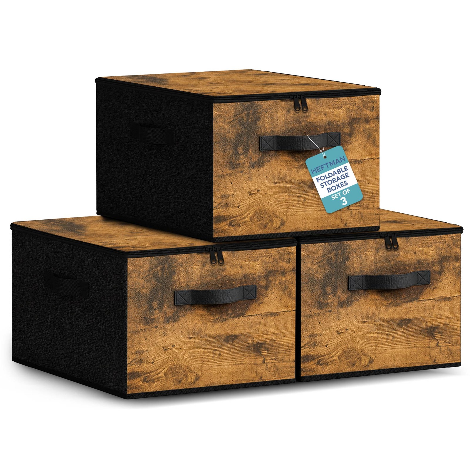 HEFTMAN Foldable Storage Boxes With Lids 40 X 30 X 25cm Set of 3 Rustic Brown