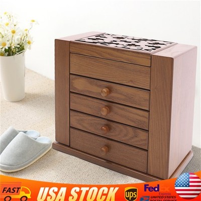 Vintage Large Jewelry Organizer Wooden Storage Box 5 Layers Case with 4 Drawers
