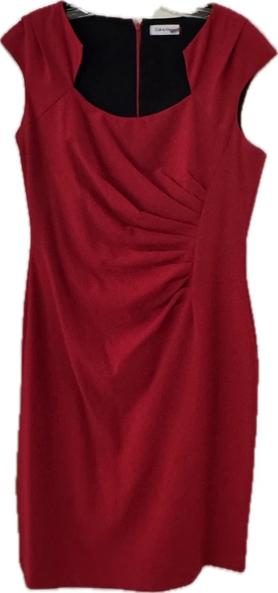 calvin klein red ruched dress Calvin Klein Red Beaded Ruched Sleeveless Sheath Dress V-Neck Size 10