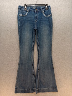 Rockin' C Flare Leg Jeans 32 High-Rise Embriodered Stretchy Med Wash Bell Bottom