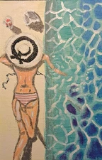 Blue tan acrylic & ink "Relaxes by Pool" on 4x4 Mini canvas 1/1 Limited Signed