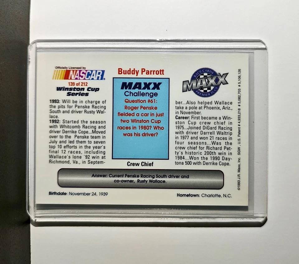 Buddy Parrott 1993 Maxx Premier Plus Racing #139 NASCAR Card Penske Racing South - Image 2 of 2