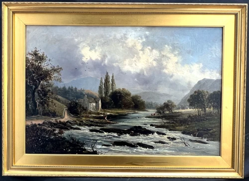 J LAURENCE HART 1830-1907 ON THE DEE LLANGOLLEN NORTH WALES ANTIQUE OIL PAINTING