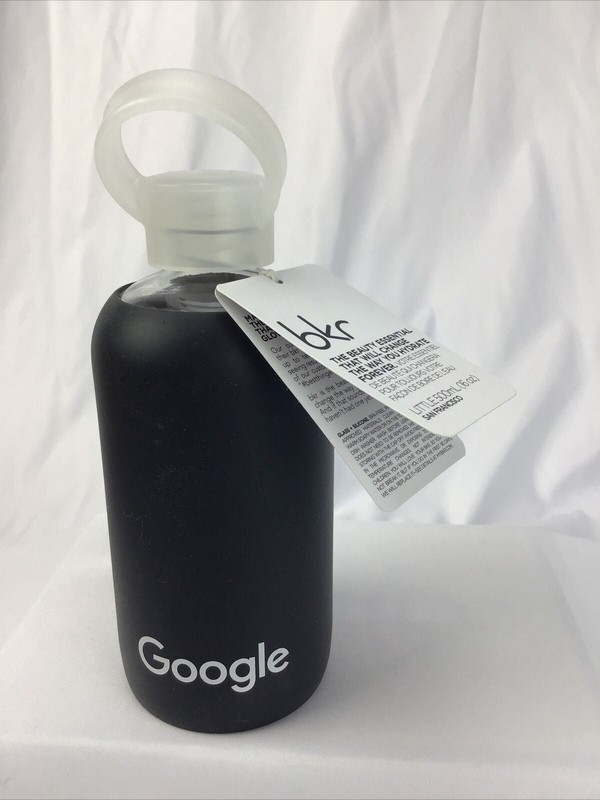 GOOGLE bkr 500 mL 16 oz Glass Water Bottle Silicone Sleeve Black Logo