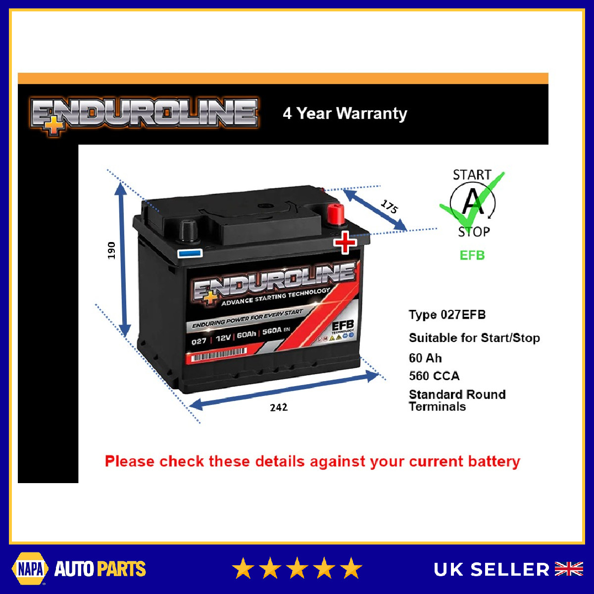 EFB Car Battery fits MG MG HS MG6 METRO MAESTRO MGB MG5 MG3 1962 on Stop Start
