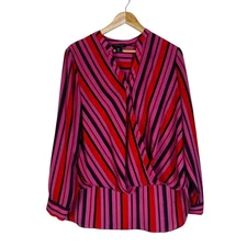 Rachel Zoe Pink Red Black Striped V Neck Faux Wrap Long Sleeve Blouse Top M