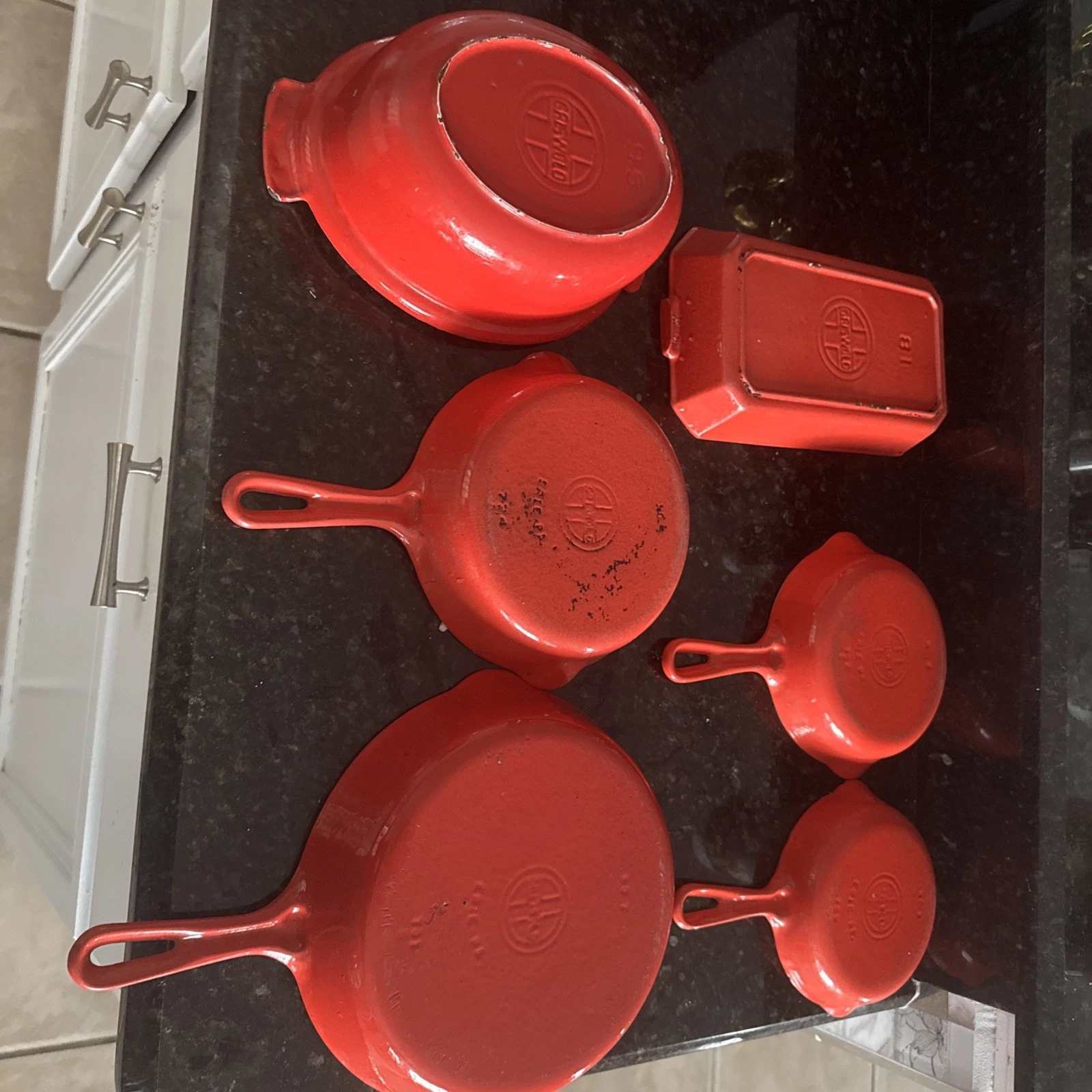 Griswold Red Enamel Cast Iron 6 Pan Set Vintage