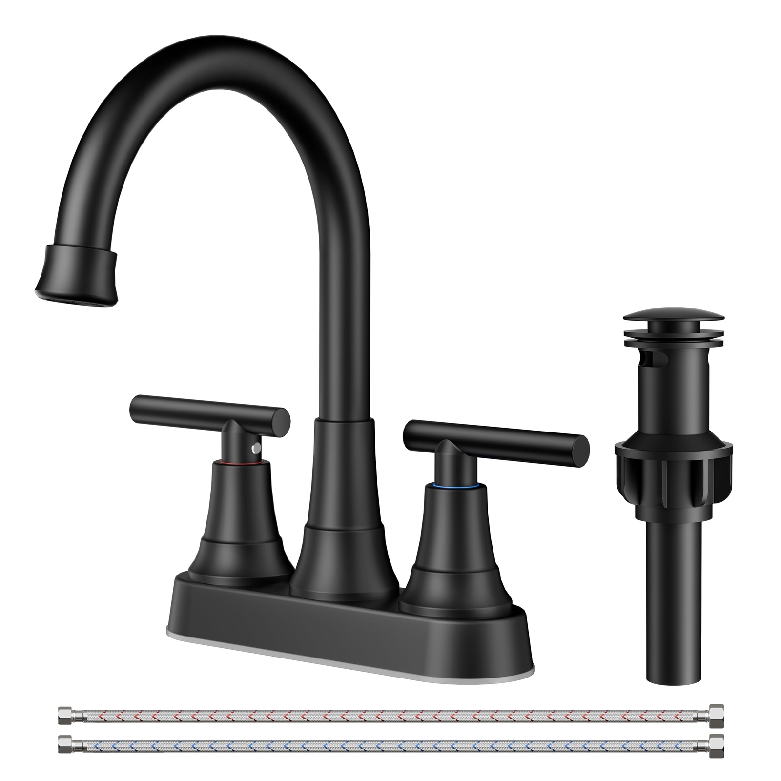 Matte Black 2-Handle Bathroom Faucet with 360° Swivel Spout and Pop-Up Drain