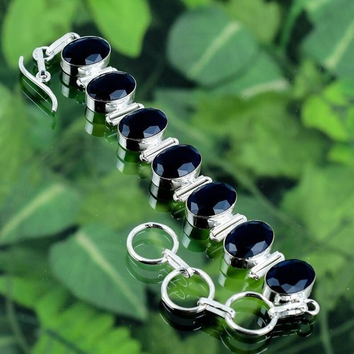 925 Sterling Silver Black Spinel Gemstone Handmade Jewelry Bracelet Size-8" - Picture 5 of 8