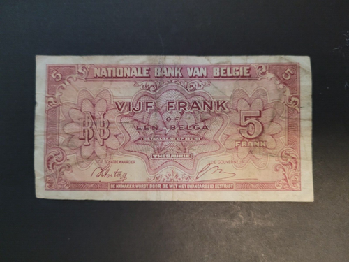 1943 Belgium 5 Franks WWII Currency Bank Note - 第 1/2 張圖片