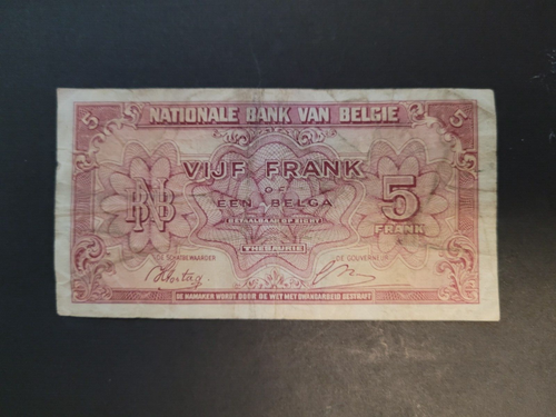 1943 Belgium 5 Franks WWII Currency Bank Note - Afbeelding 1 van 2