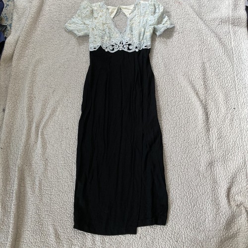 Gunne Sax sz 8 Sm vintage grey white black lace 80s midi open back dress