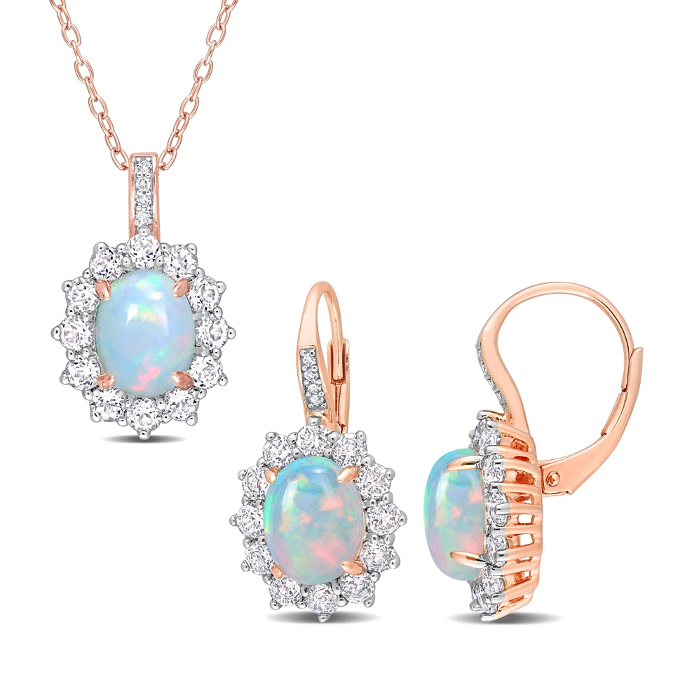 Amour Rose Silver Blue Opal, White Topaz & Diamond Necklace & Earrings Set
