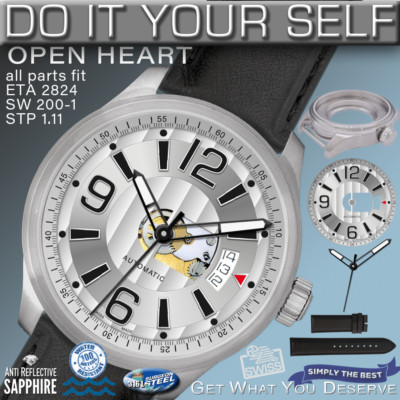 DO IT YOURSELF KIT : OPEN HEART CASE 42MM,  DIAL, HANDS, BR, fit ETA 2824, SW200
