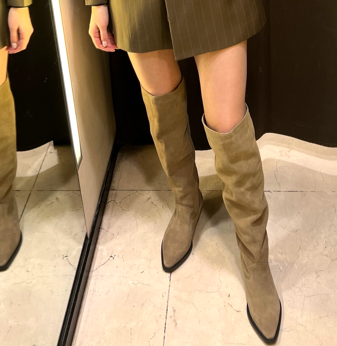 Zara Flat XL Cowboy Split Suede Leather Boots Camel Beige  display picture 3