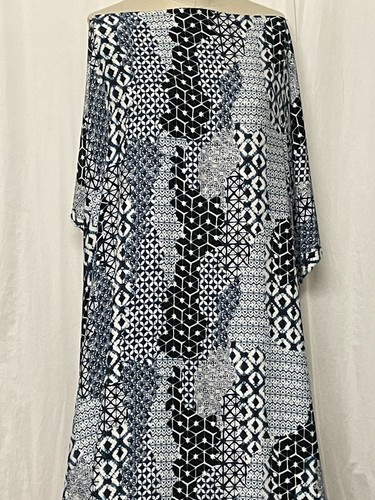 Dark Navy Blue & White Geometric Silk Charmeuse Print Fabric By The Yard 44"
