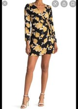 NWT-Lush long sleeve wrap dress, size small, black and gold floral