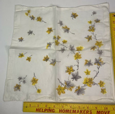 White Sheer Gold Gray Leaves Cotton Hankie Handkerchief Vintage