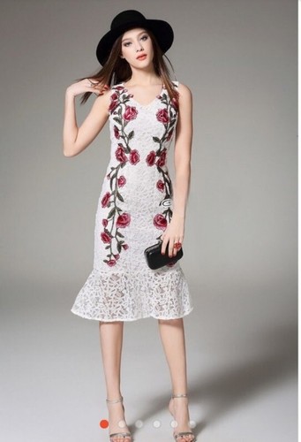 vintage lace floral dress Embroidered white Sz 12 frill fishtail KOREAN cocktail - Foto 2 di 8