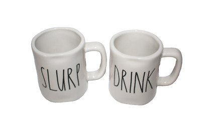 Rae Dunn DRINK & SLURP Espresso Cups Set Of 2 White W/Black Letters 2.75'' NEW