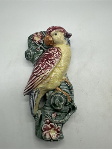 Japan Wand Tasche Majolika Stil Figur Papagei gelb blau Vogel Baumstamm Vintage - Bild 2 von 7