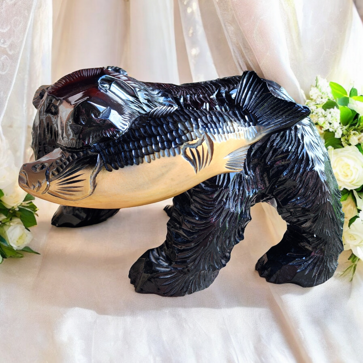 Kibori Kuma Wood Hand Carved Bear with Salmon Japan | eBay